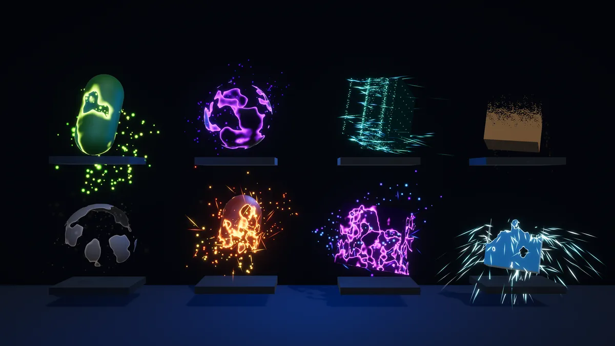 A gallery of dissolve styles and particle effects.