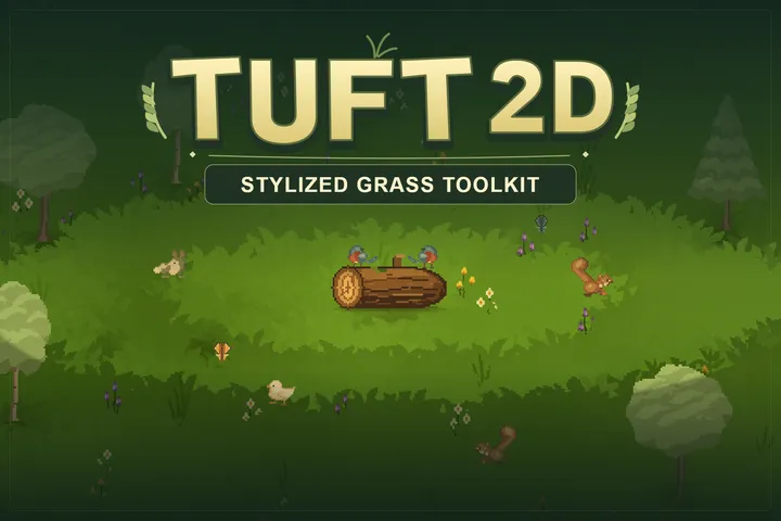 Tuft2D stylized grass toolkit artwork showing a pixel meadow with flowers, woodland animals, and a fallen log