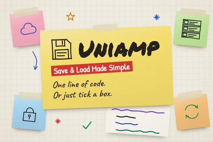 Uniamp Save & Load Made Simple artwork with hand-drawn save, cloud, and security icons