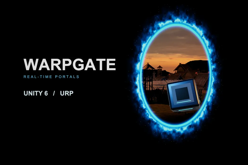 Warpgate: a luminous blue portal looking into a village at sunset